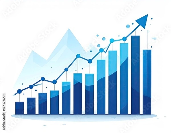 Fototapeta Blue graph shows upward trend, growth, bars, and line arrow