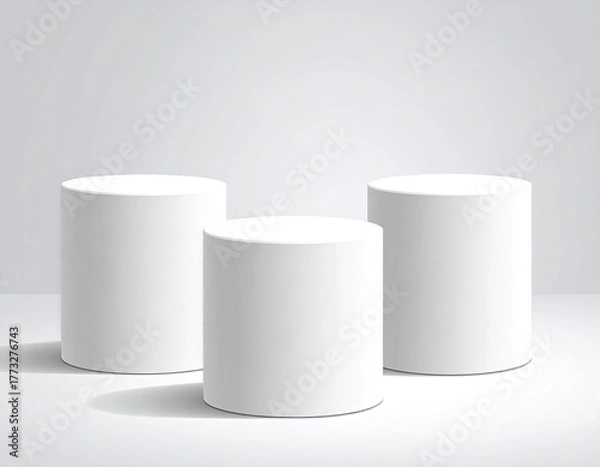 Fototapeta Three white cylindrical pedestals on a white background (1)