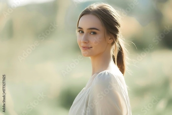 Fototapeta Serene young woman with gentle smile in soft natural light, exuding calm beauty and peaceful optimism.