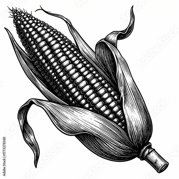 Fototapeta Vintage-style hand-drawn black ink engraving of corn cob, detailed scratchboard effect shown.