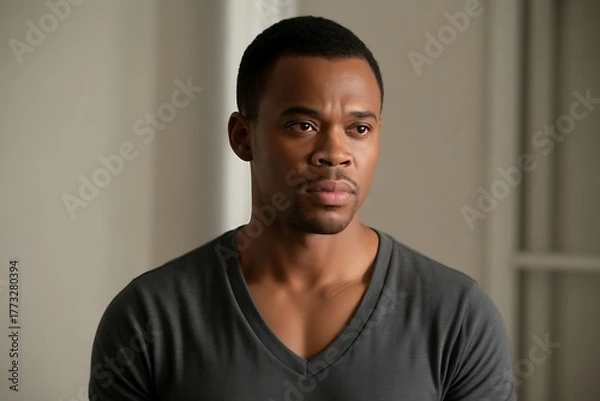 Fototapeta Closeup portrait of a man with a thoughtful expression, looking to the side