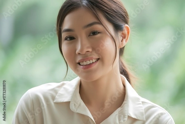 Fototapeta A young asian woman with a friendly smile, captured in a closeup portrait with a soft, natural background