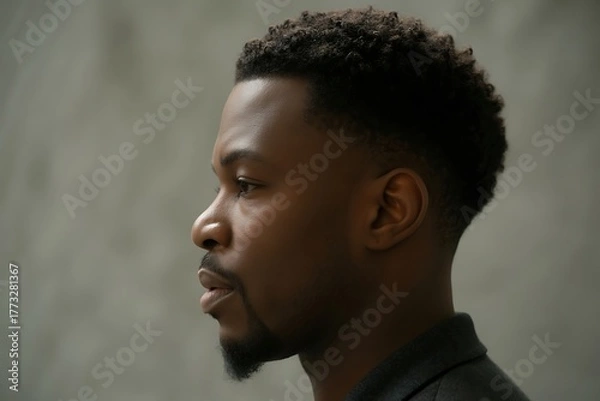 Fototapeta Young black man in profile with short curly hair and goatee against textured grey background