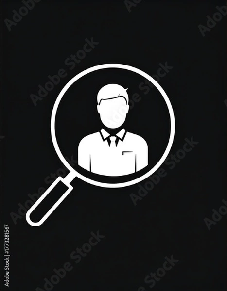 Fototapeta Icon of a person inside a magnifying glass, against a black background