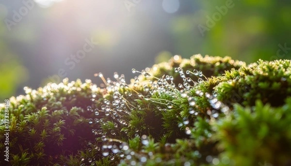 Fototapeta Close-up of moss with water droplets, illuminated by sunlight. Capturing the beauty of nature