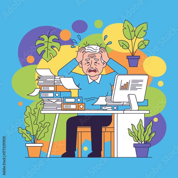 Fototapeta Employee burnout Older worker stressed by huge piles of documents and deadlines
