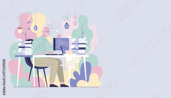 Fototapeta Angry businessman overwhelmed by holiday work stress paperwork and deadlines