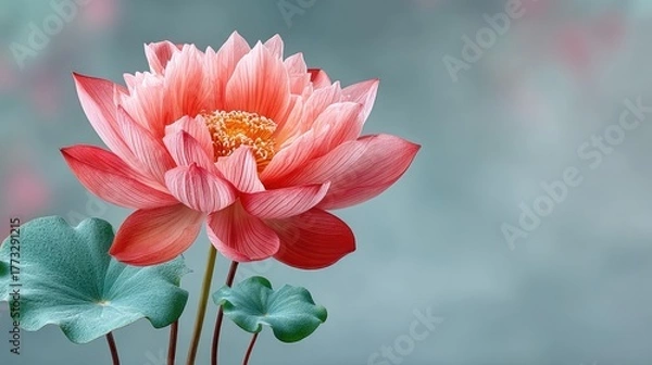 Fototapeta Vibrant Pink Lotus Flower With Green Leaves In Soft Focus Background Delicate Petals With Water Droplets And Detailed Stamen In A Botanical Macro Photograph With Gentle Lighting