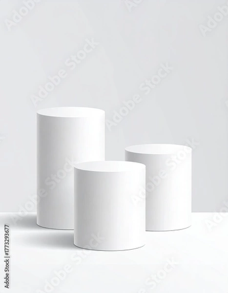 Fototapeta Three white cylinders in ascending heights on a white surface
