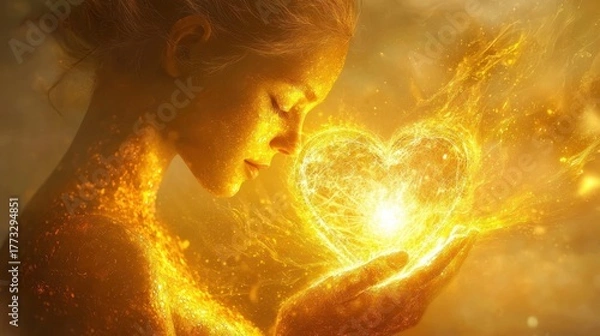 Obraz Ethereal Woman Embracing Luminous Golden Heart of Light, Radiating Spiritual Energy and Inner Power