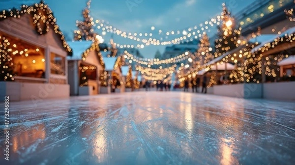 Fototapeta A picturesque ice rink adorned with twinkling lights and festive stalls, creating a warm holiday atmosphere.