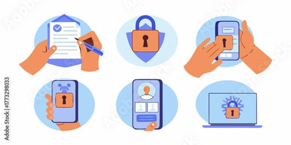 Fototapeta Set of illustrations depicting digital security and personal data protection concepts