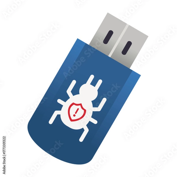Fototapeta USB drive with malware icon, infected flash disk, virus on USB flash drive, data infection and cybersecurity threat concept, flat vector illustration