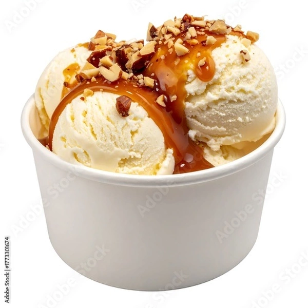 Fototapeta Creamy vanilla scoops topped with caramel and chopped nuts in a white cup