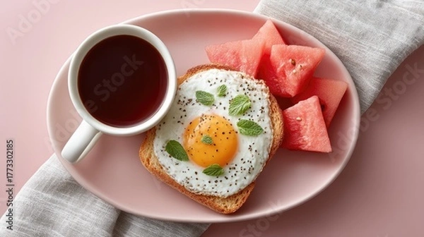 Obraz Top Down Brunch Photo Featuring Fried Egg on Toast with Watermelon Slices and Coffee on a Pink Plate with Sparkly Fabric Background
