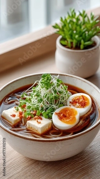 Obraz Top Down Photo Of A Bowl Of Comforting Noodle Soup With Soft Boiled Eggs Tofu And Green Onions Garnished With Chili Flakes On A Wooden Table