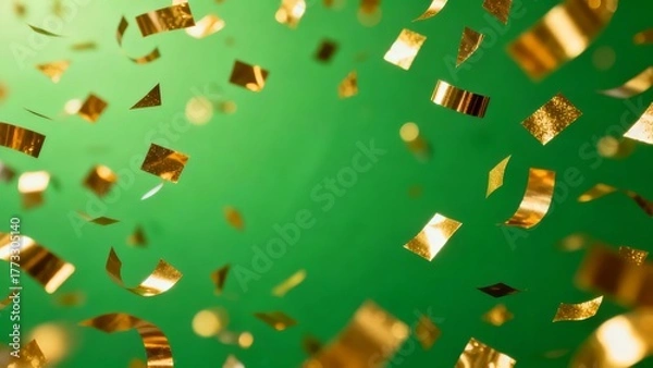 Obraz Golden confetti pieces float against a vibrant green background, creating a festive and celebratory atmosphere.