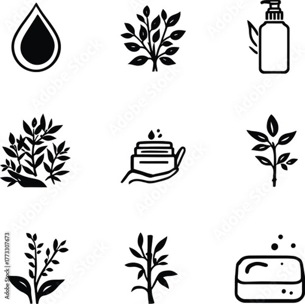 Obraz Collection of black and white icons representing natural beauty and skincare products elements