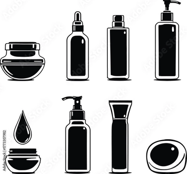 Obraz Illustration of assorted cosmetic products in black and white minimalist style arrangement on white background