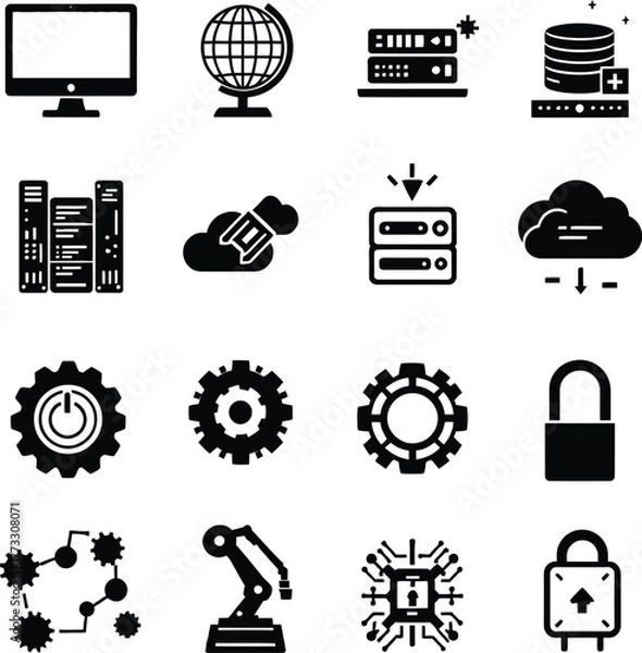 Obraz Collection of technology and industry icons in black and white simple vector illustration style