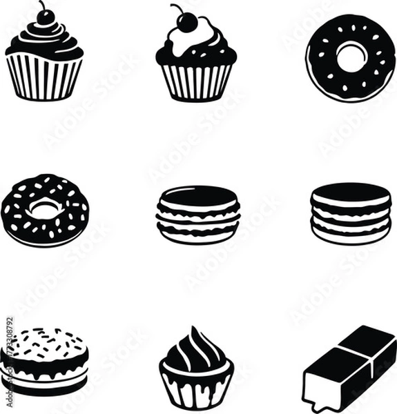 Obraz Black and white icons of cupcakes donuts macarons and a chocolate bar arranged on white background