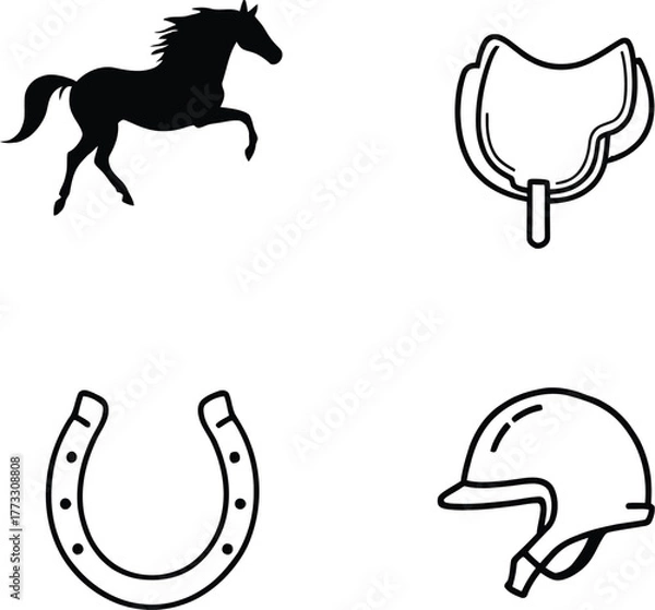 Obraz Depiction of horse saddle horseshoe and helmet in black and white vector illustration style drawing