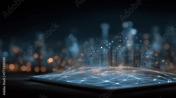 Fototapeta Digital City: A futuristic cityscape emerges from a digital device, showcasing the integration of technology and urban infrastructure. The image evokes a sense of innovation and connectivity.