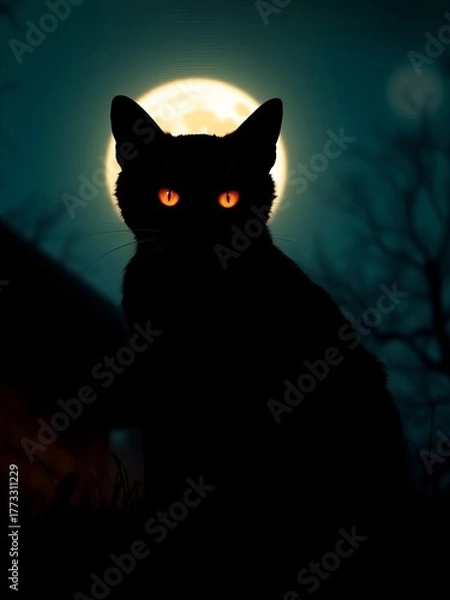 Fototapeta Spooky black cat silhouette with glowing orange eyes on a moonlit night, cat,  stars