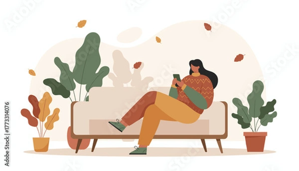 Fototapeta Cozy woman using a smartphone on a sofa surrounded by plants enjoying autumn comfort and leisure