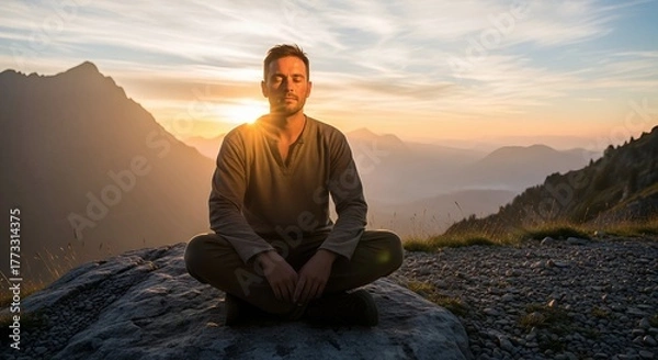 Fototapeta Man Sitting on Mountain Peak Rock – Adventure Freedom and Nature Exploration