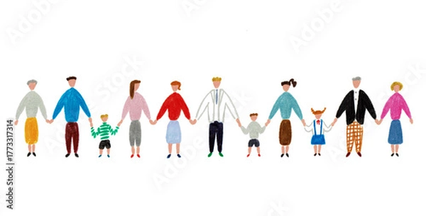Obraz 手描きイラスト　横一列に手をつなぐ女性と男性と子供たち