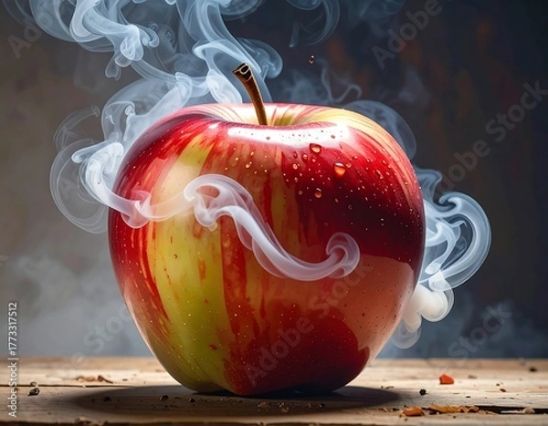 Fototapeta A vibrant red apple with wisps of smoke rising around it on a wooden surface
