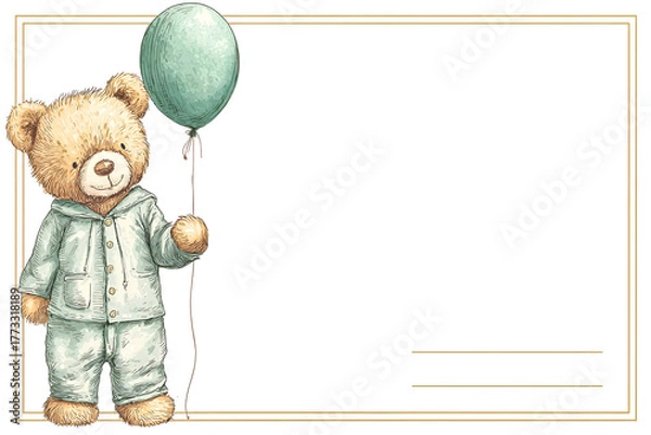 Fototapeta A holiday card with a teddy bear in blue pajamas and a balloon with copy space
