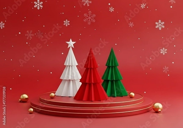 Obraz Three colorful christmas trees on a red podium with snowflakes falling down