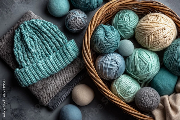 Fototapeta A top view of a wicker basket with balls of yarn in turquoise and gray shades and a knitted scarf and hat nearby
