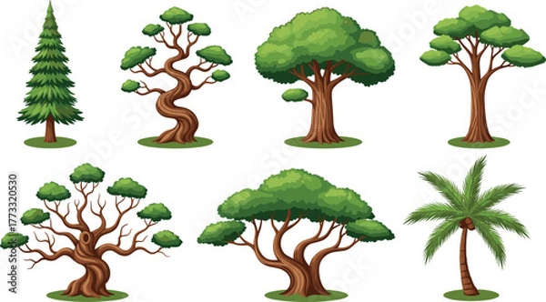 Fototapeta Tree illustration set, evergreen, palm tree, twisted trunk, wide canopy, foliage types, landscape design, nature graphic, botanical art, greenery