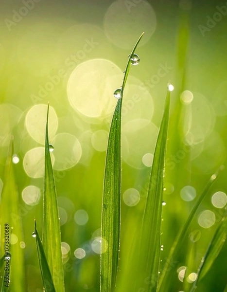 Fototapeta Close-up of blades of grass with water droplets, bokeh background