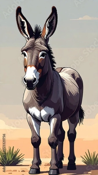 Fototapeta Cartoonish, frontal view of a donkey standing in a desert landscape