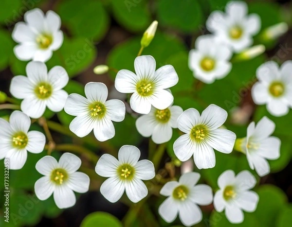 Obraz Close-up shot of tiny white flowers with bright yellow centers and clover-like leaves
