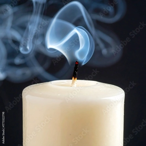 Fototapeta Close-up of a extinguished candle with wisps of grey and blue smoke