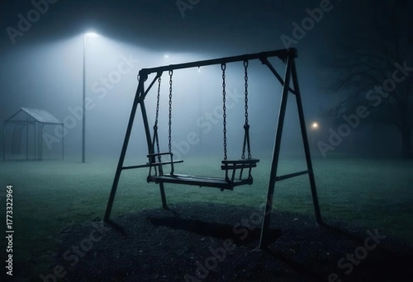 Fototapeta Lonely Swing in Foggy Park at Night with Street Lights Glowing