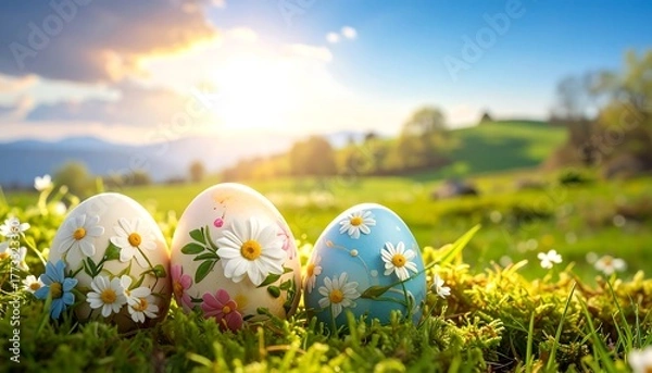 Obraz Decorated Easter eggs in field with daisies, sunlight and blurred mountains