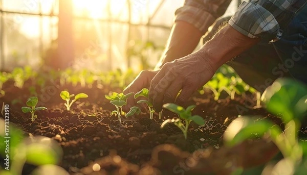 Obraz Farmer tending young plants in the soil, with sunlight in a greenhouse