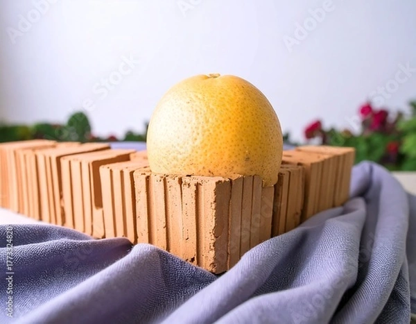 Fototapeta Grapefruit on Terracotta Bricks and Purple Cloth