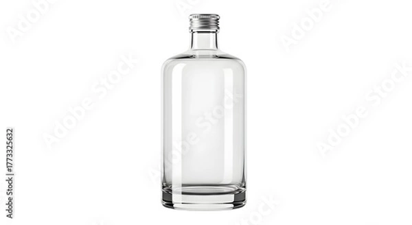 Fototapeta A clear empty glass bottle with a smooth cylindrical shape and a sealed cap, standing upright on a clean white background, ideal for packaging beverages, spirits, oils, or decorative purposes 