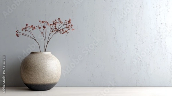 Fototapeta Round vase with red berry branches against textured wall.