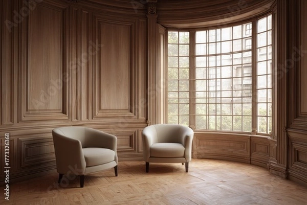 Fototapeta Two armchairs sit in a room with wood paneling and a large bay window.