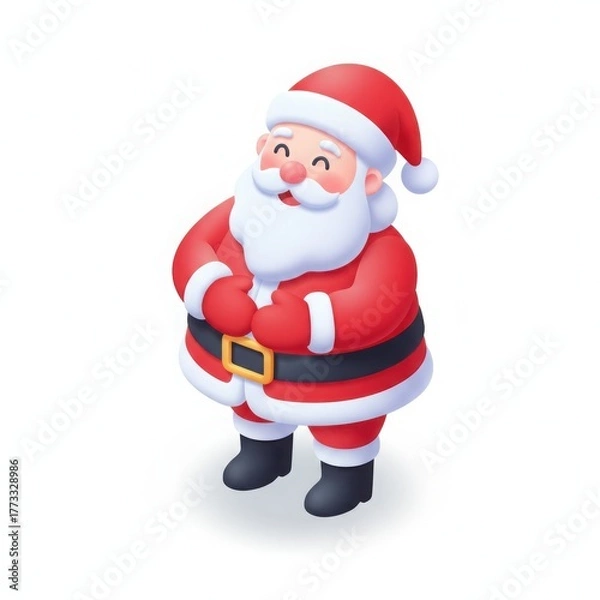 Fototapeta Cheerful santa claus character isolated on white background, standing with a smile and holding his belly, christmas icon