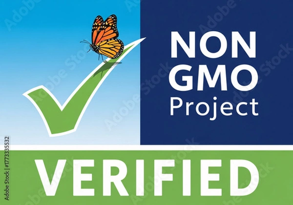 Fototapeta Non gmo project verified butterfly logo on blue and green background