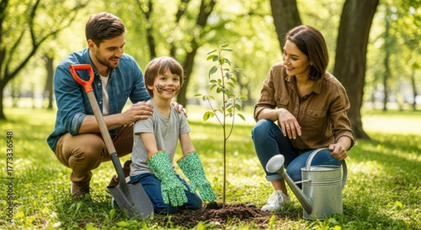 Fototapeta Happy family planting young tree in park together on sunny summer day, parents teaching son about nature and environmental conservation